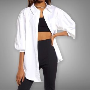 Classic White Button-Down Shirt with Balloon Sleeves